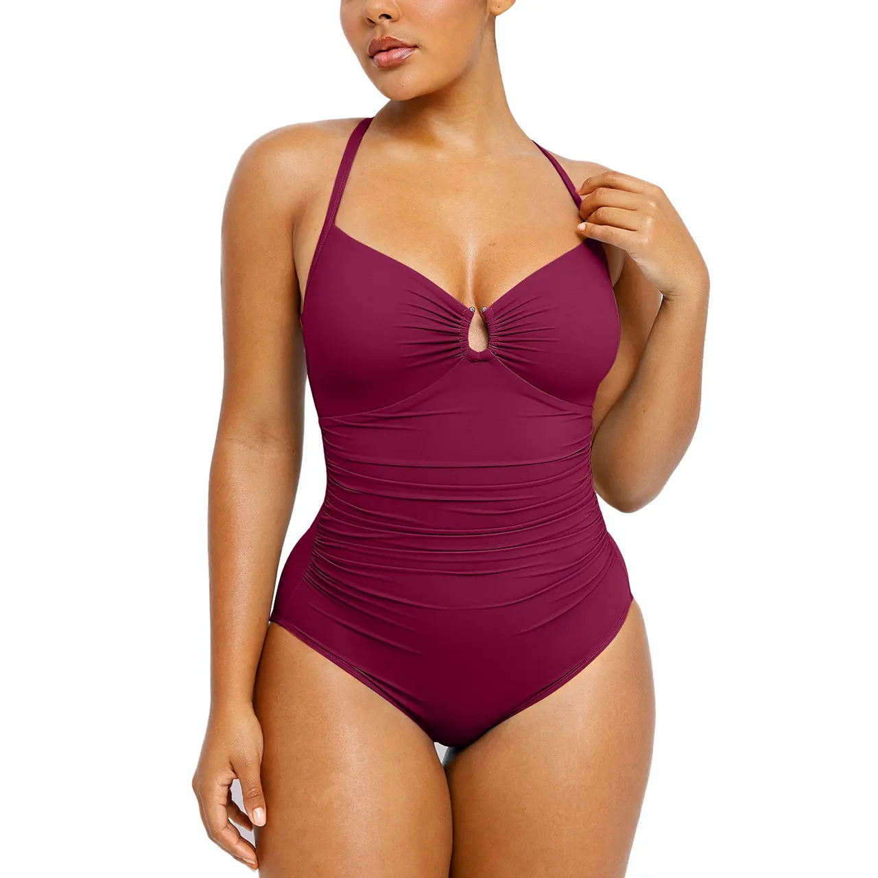 Women's Sculpting U-Ring Cutout Shaping Swimsuit – Slimming Ruched One Piece Bathing Suit