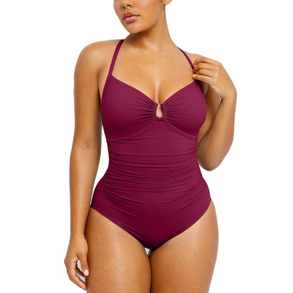 Women's Sculpting U-Ring Cutout Shaping Swimsuit – Slimming Ruched One Piece Bathing Suit