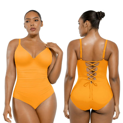 Women's Sculpting U-Ring Cutout Shaping Swimsuit – Slimming Ruched One Piece Bathing Suit