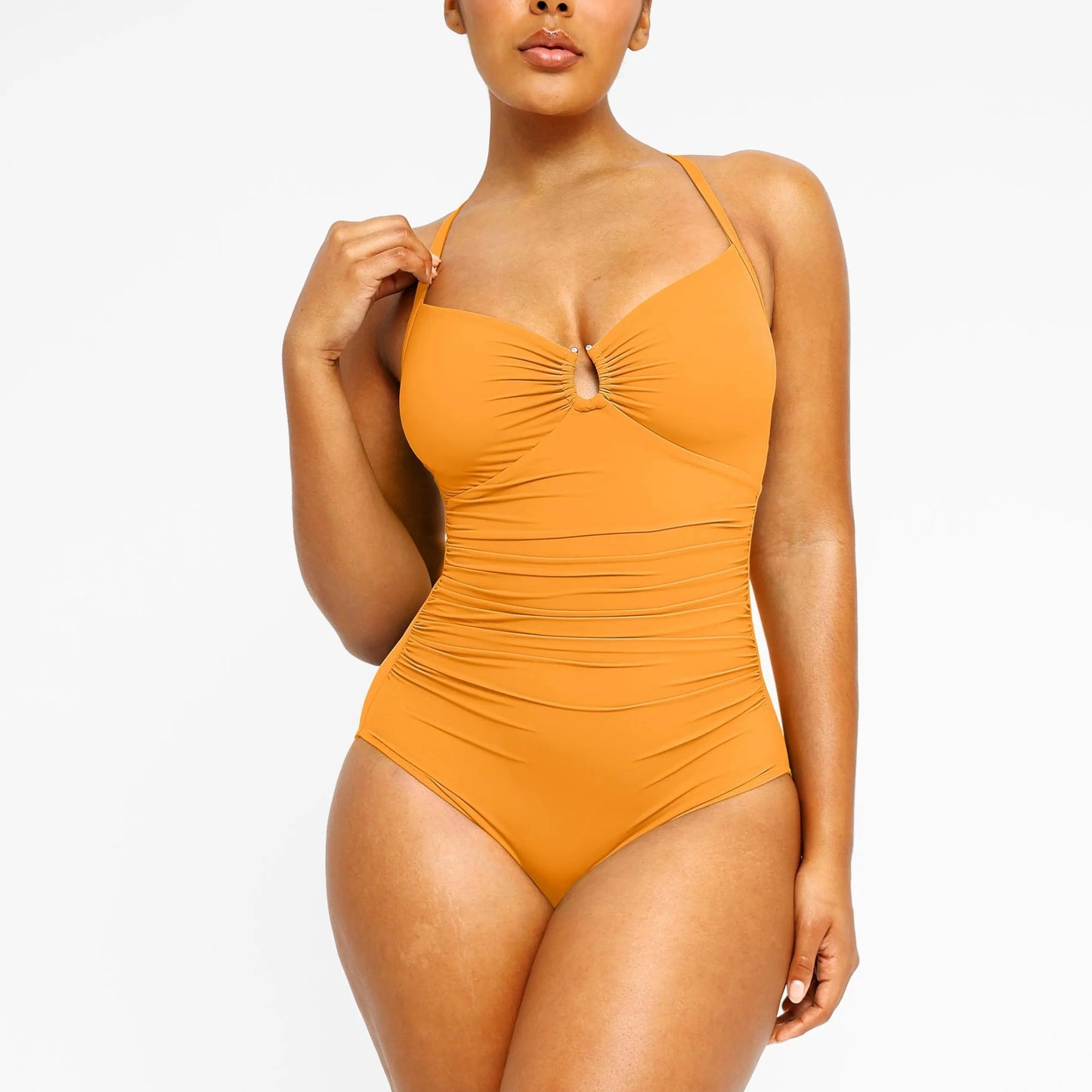 Women's Sculpting U-Ring Cutout Shaping Swimsuit – Slimming Ruched One Piece Bathing Suit