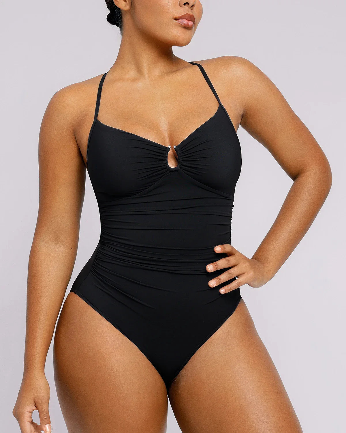 Women's Sculpting U-Ring Cutout Shaping Swimsuit – Slimming Ruched One Piece Bathing Suit