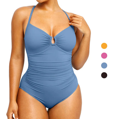 Women's Sculpting U-Ring Cutout Shaping Swimsuit – Slimming Ruched One Piece Bathing Suit