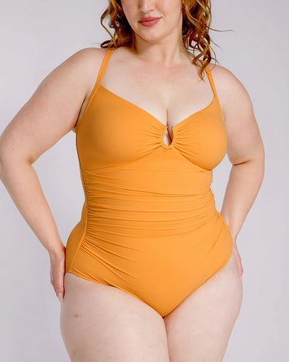 Women's Sculpting U-Ring Cutout Shaping Swimsuit – Slimming Ruched One Piece Bathing Suit