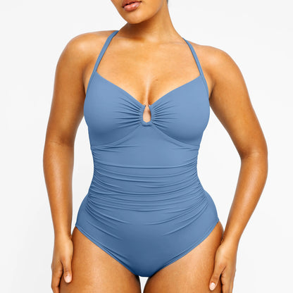 Women's Sculpting U-Ring Cutout Shaping Swimsuit – Slimming Ruched One Piece Bathing Suit