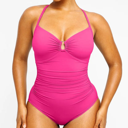 Women's Sculpting U-Ring Cutout Shaping Swimsuit – Slimming Ruched One Piece Bathing Suit