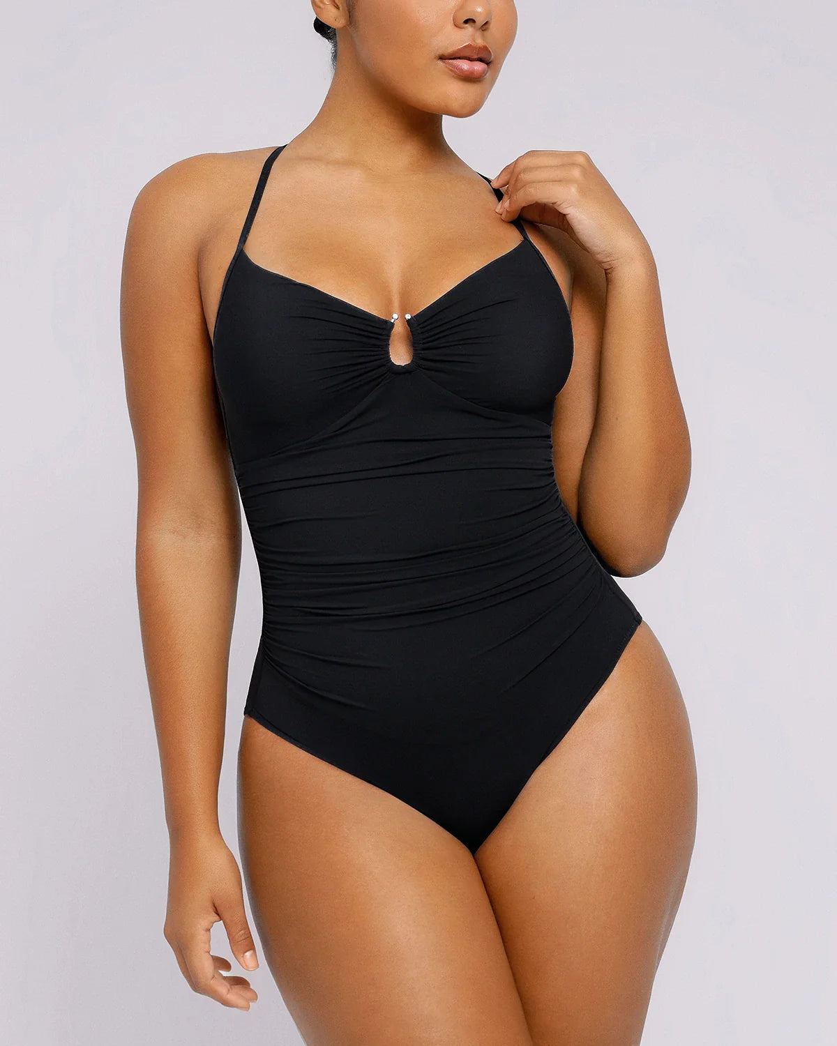 Women's Sculpting U-Ring Cutout Shaping Swimsuit – Slimming Ruched One Piece Bathing Suit