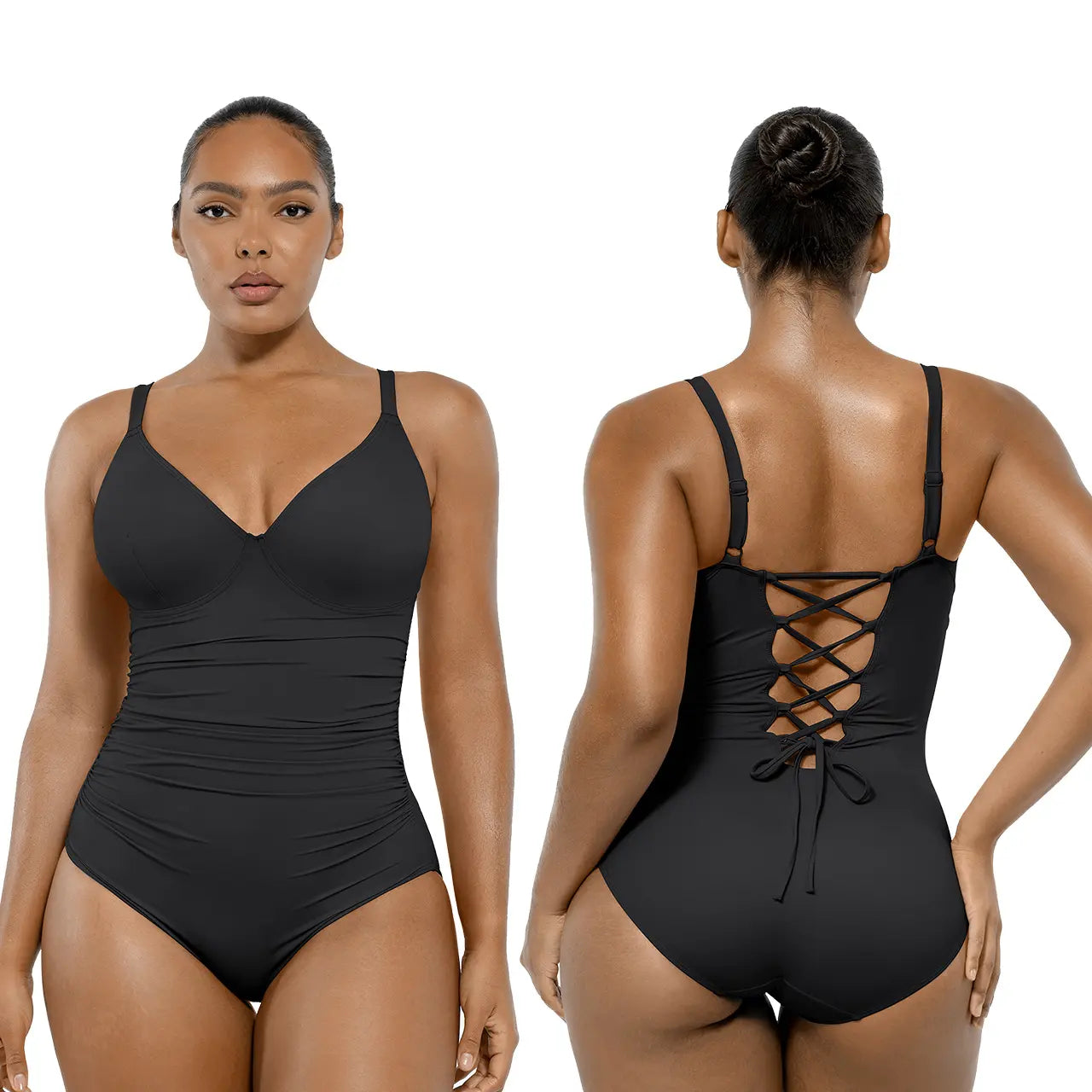 Women's Sculpting U-Ring Cutout Shaping Swimsuit – Slimming Ruched One Piece Bathing Suit