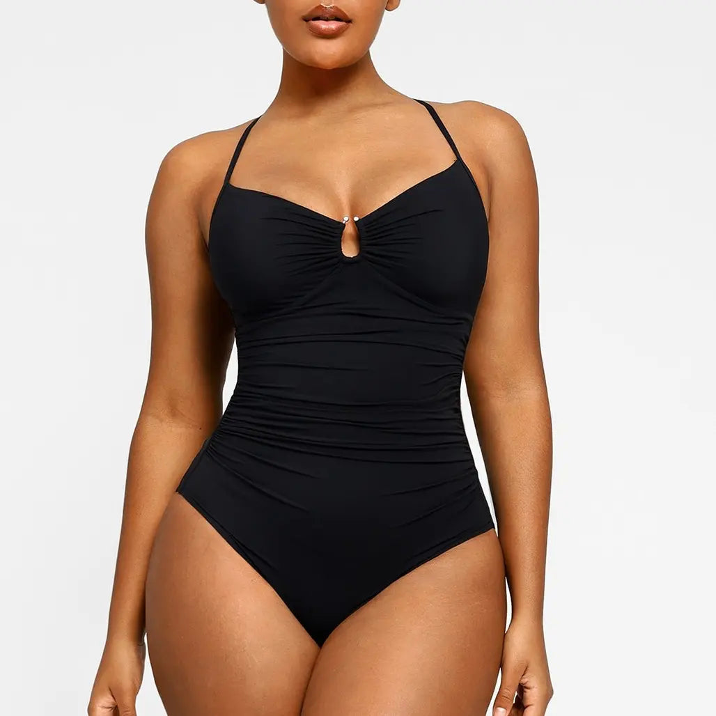 Women's Sculpting U-Ring Cutout Shaping Swimsuit – Slimming Ruched One Piece Bathing Suit
