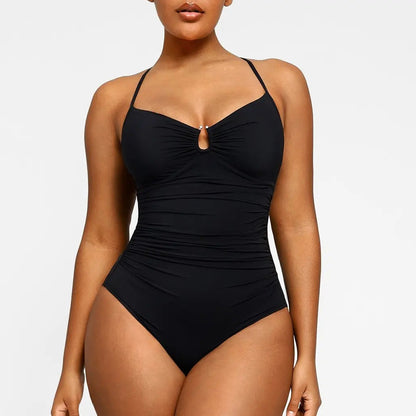 Women's Sculpting U-Ring Cutout Shaping Swimsuit – Slimming Ruched One Piece Bathing Suit