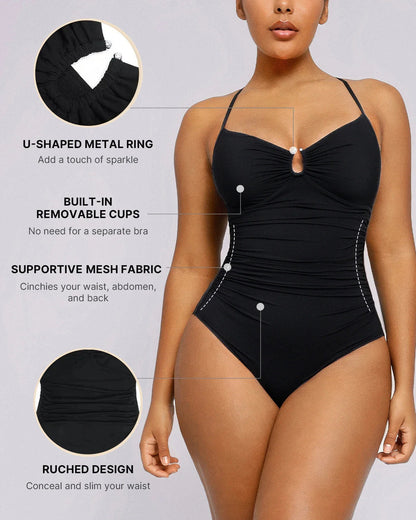 Women's Sculpting U-Ring Cutout Shaping Swimsuit – Slimming Ruched One Piece Bathing Suit