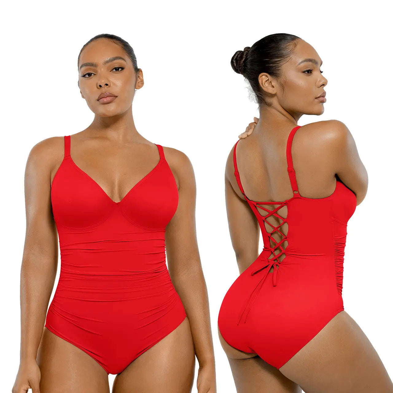 Women's Sculpting U-Ring Cutout Shaping Swimsuit – Slimming Ruched One Piece Bathing Suit