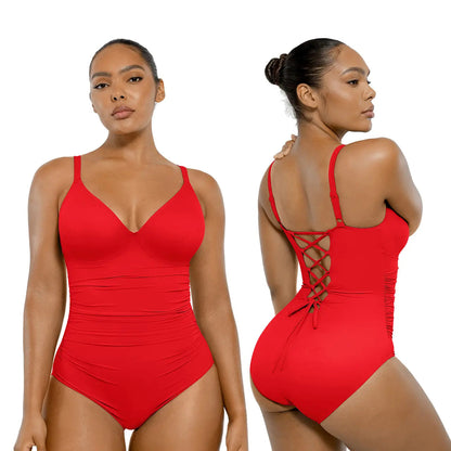 Women's Sculpting U-Ring Cutout Shaping Swimsuit – Slimming Ruched One Piece Bathing Suit